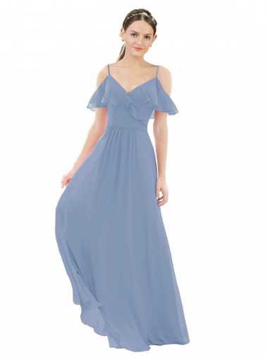 Staubiges Blau A-Linien V-Ausschnitt Chiffon Lange Brautjungfernkleider Ausverkauf