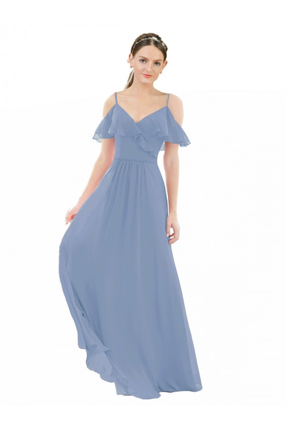 Staubiges Blau A-Linien V-Ausschnitt Chiffon Lange Brautjungfernkleider Ausverkauf