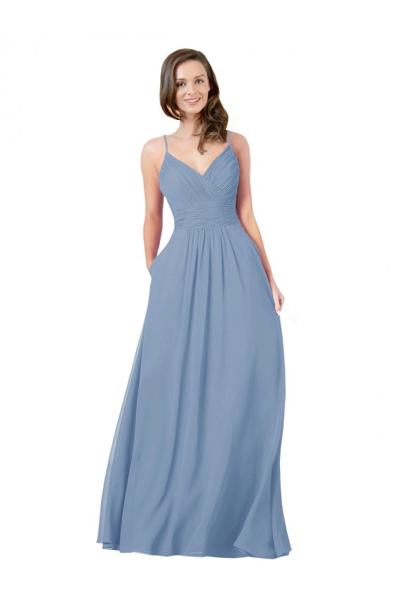 Staubiges Blau A-Linien V-Ausschnitt Chiffon Lange Brautjungfernkleider Ausverkauf
