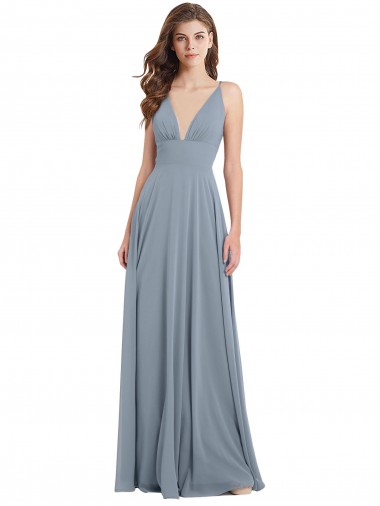 Staubiges Blau A-Linien V-Ausschnitt Chiffon Lange Brautjungfernkleider Ausverkauf