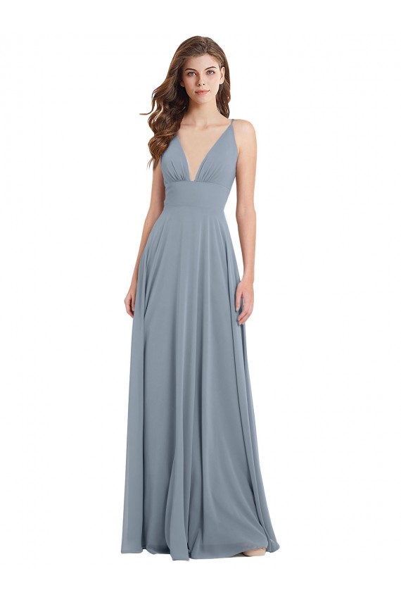 Staubiges Blau A-Linien V-Ausschnitt Chiffon Lange Brautjungfernkleider Ausverkauf