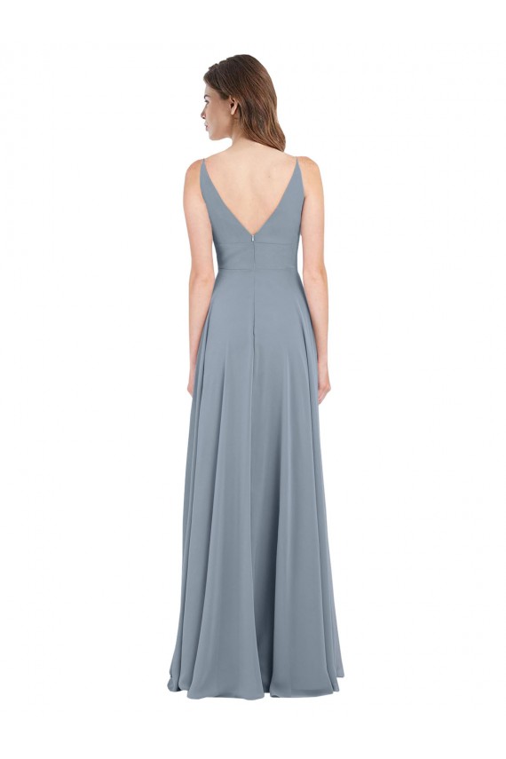 Staubiges Blau A-Linien V-Ausschnitt Chiffon Lange Brautjungfernkleider Ausverkauf