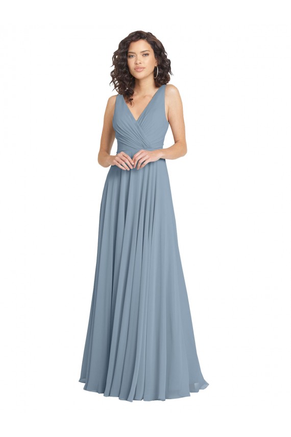 Staubiges Blau A-Linien V-Ausschnitt Chiffon Lange Brautjungfernkleider Ausverkauf