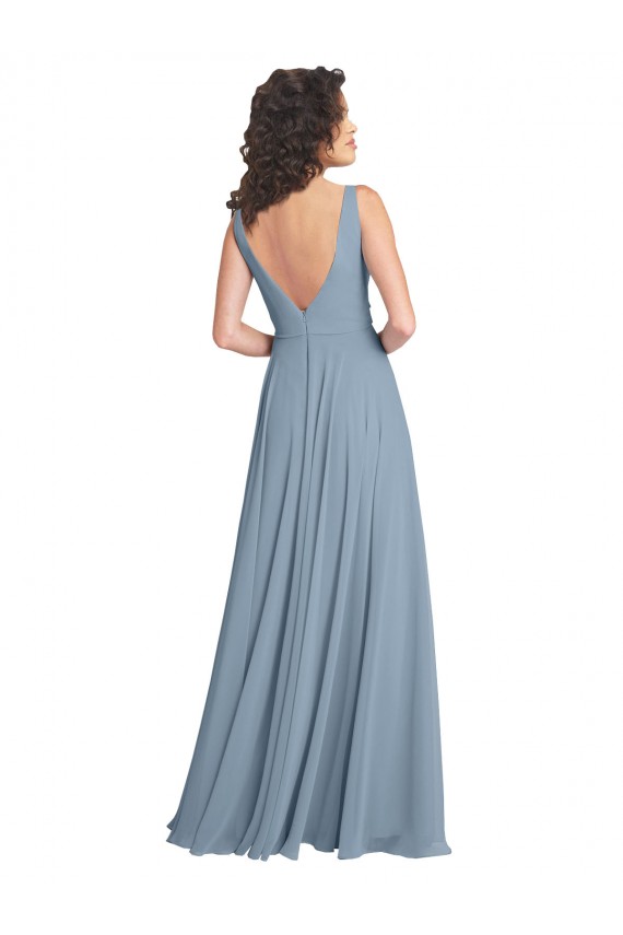 Staubiges Blau A-Linien V-Ausschnitt Chiffon Lange Brautjungfernkleider Ausverkauf