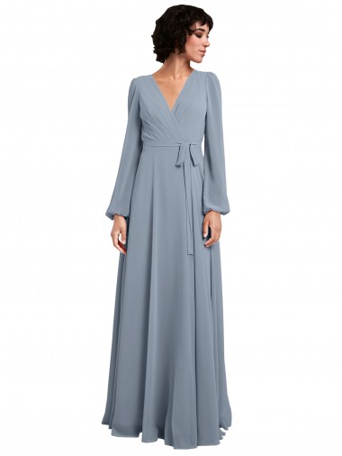 Staubiges Blau A-Linien V-Ausschnitt Chiffon Lange Brautjungfernkleider Ausverkauf