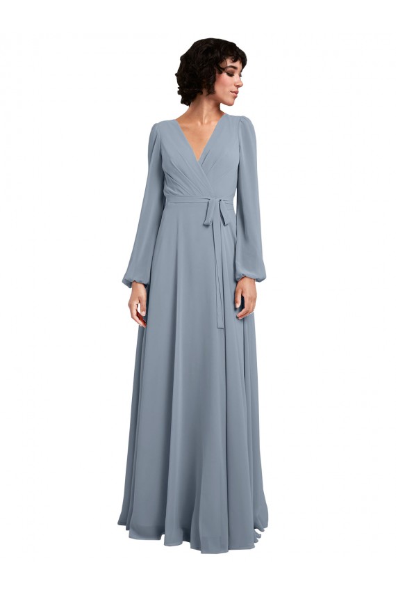 Staubiges Blau A-Linien V-Ausschnitt Chiffon Lange Brautjungfernkleider Ausverkauf