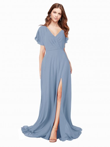 Staubiges Blau A-Linien V-Ausschnitt Chiffon Lange Brautjungfernkleider / Abiballkleider Ausverkauf