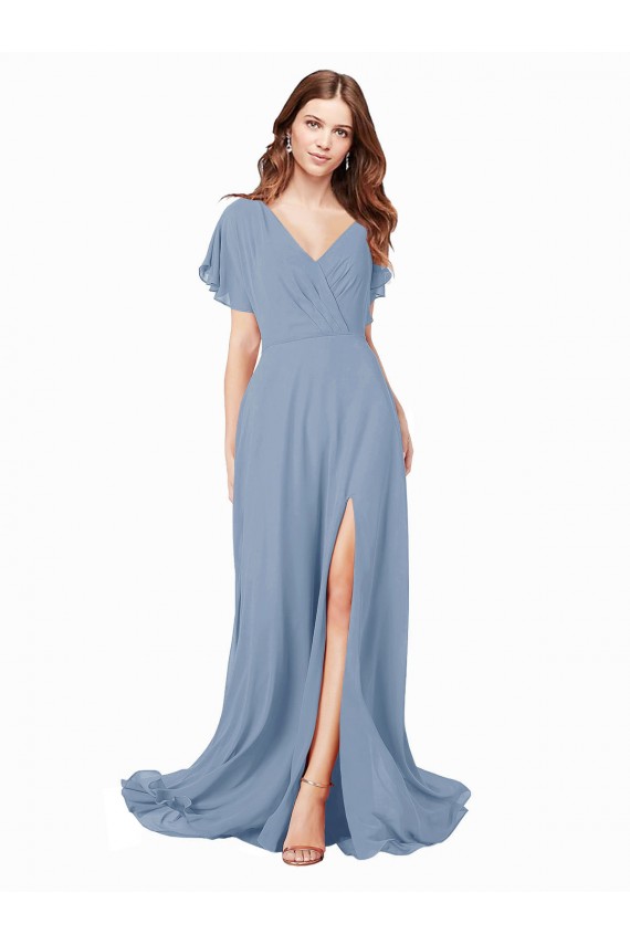 Staubiges Blau A-Linien V-Ausschnitt Chiffon Lange Brautjungfernkleider / Abiballkleider Ausverkauf