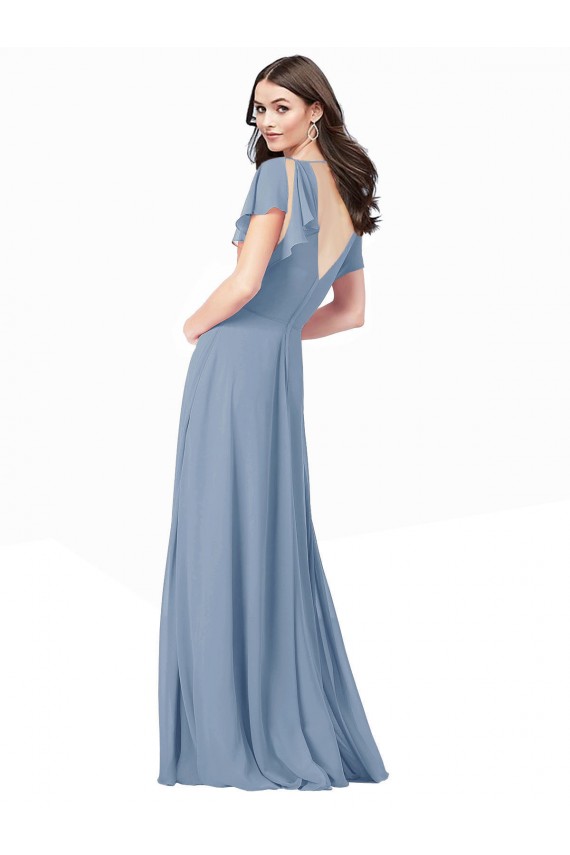 Staubiges Blau A-Linien V-Ausschnitt Chiffon Lange Brautjungfernkleider / Abiballkleider Ausverkauf