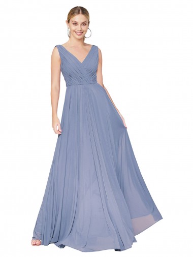 Staubiges Blau A-Linien V-Ausschnitt Chiffon Lange Formale Brautjungfernkleider / Abendkleider / Abiballkleider Ausverkauf