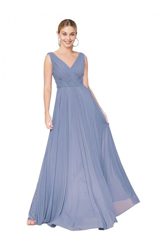 Staubiges Blau A-Linien V-Ausschnitt Chiffon Lange Formale Brautjungfernkleider / Abendkleider / Abiballkleider Ausverkauf