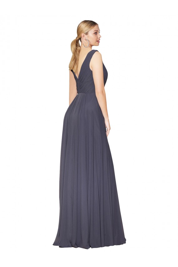 Staubiges Blau A-Linien V-Ausschnitt Chiffon Lange Formale Brautjungfernkleider / Abendkleider / Abiballkleider Ausverkauf