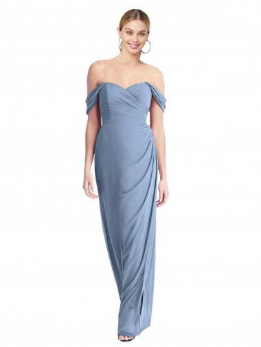 Staubiges Blau Meerjungfrau Off-Schulter Chiffon Lange Brautjungfernkleider Ausverkauf