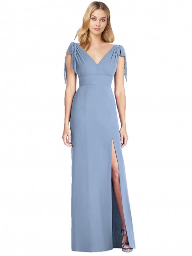 Staubiges Blau Meerjungfrau V-Ausschnitt Chiffon Lange Brautjungfernkleider Ausverkauf