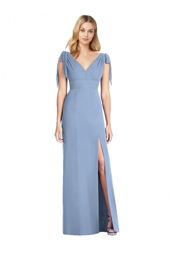 Staubiges Blau Meerjungfrau V-Ausschnitt Chiffon Lange Brautjungfernkleider Ausverkauf