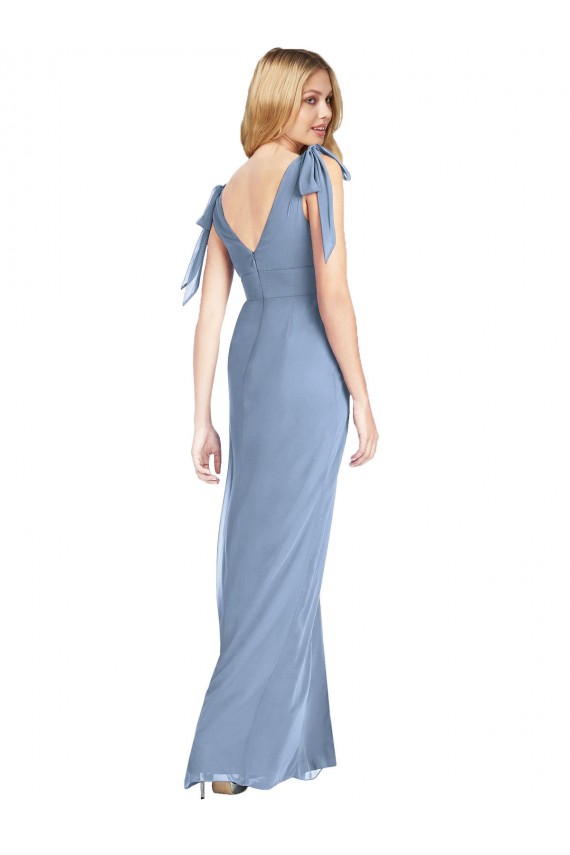 Staubiges Blau Meerjungfrau V-Ausschnitt Chiffon Lange Brautjungfernkleider Ausverkauf