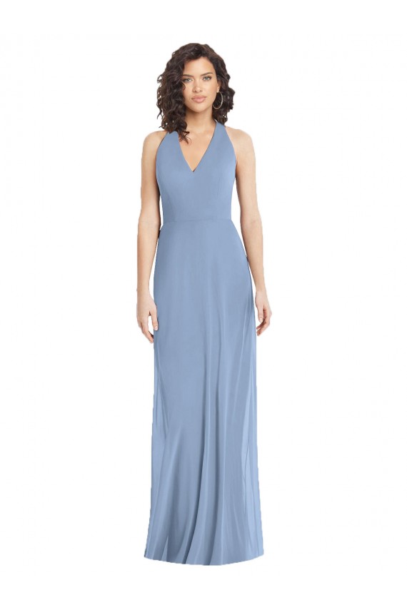 Staubiges Blau Trompete Neckholder V-Ausschnitt Chiffon Lange Formale Brautjungfernkleider / Abendkleider Ausverkauf