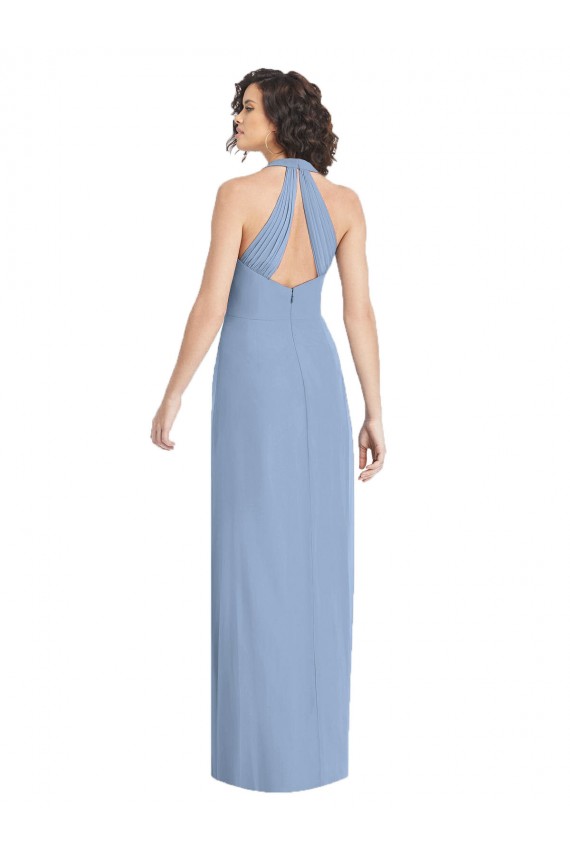 Staubiges Blau Trompete Neckholder V-Ausschnitt Chiffon Lange Formale Brautjungfernkleider / Abendkleider Ausverkauf