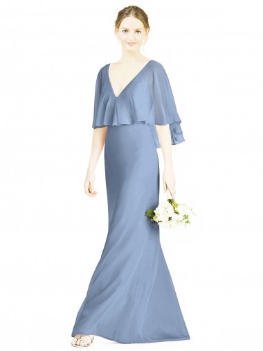 Staubiges Blau Trompete V-Ausschnitt Chiffon Lange Brautjungfernkleider Ausverkauf