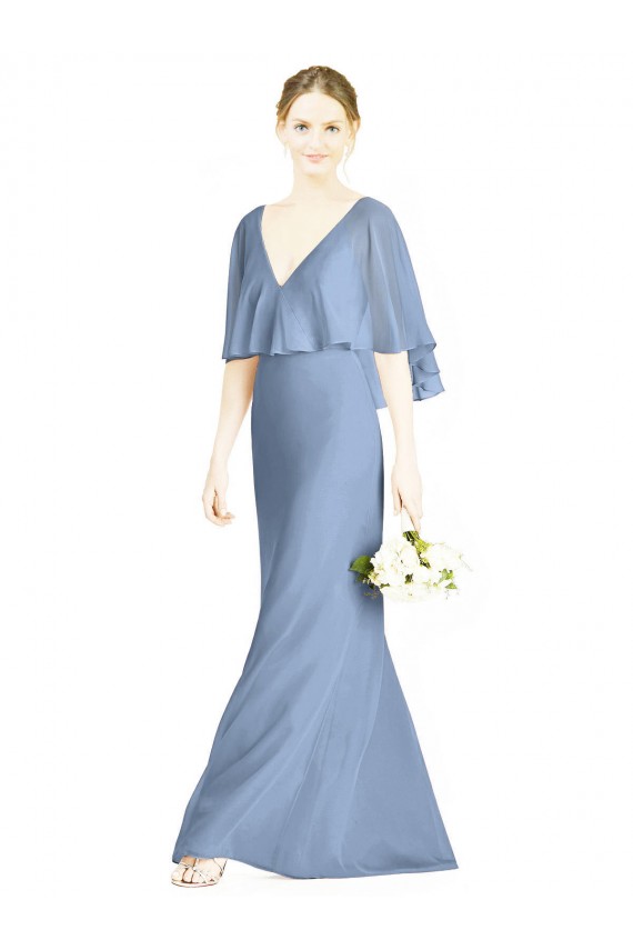 Staubiges Blau Trompete V-Ausschnitt Chiffon Lange Brautjungfernkleider Ausverkauf