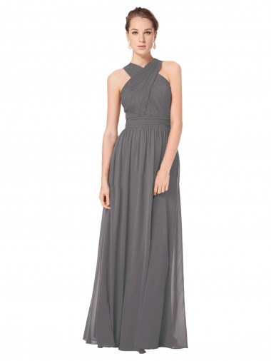 Stormy Silver A-Linien Neckholder Chiffon Lange Brautjungfernkleider Ausverkauf