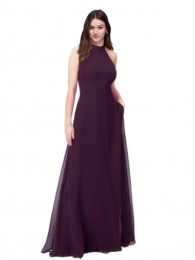 Traube A-Linien Neckholder Stehkragen Ausschnitt Chiffon Lange Brautjungfernkleider Ausverkauf