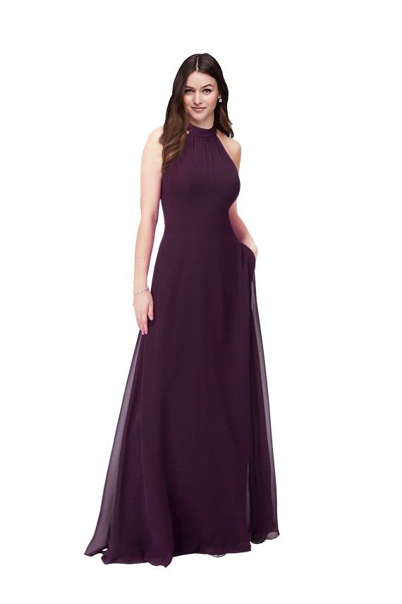 Traube A-Linien Neckholder Stehkragen Ausschnitt Chiffon Lange Brautjungfernkleider Ausverkauf