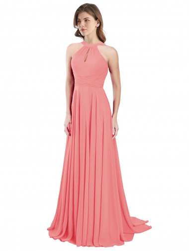 Wassermelone A-Linien Neckholder Chiffon Lange Brautjungfernkleider Ausverkauf