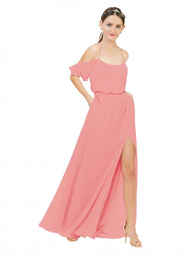 Wassermelone A-Linien Off-Schulter Chiffon Lange Brautjungfernkleider Ausverkauf