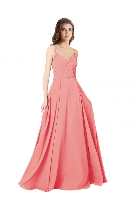 Wassermelone A-Linien V-Ausschnitt Chiffon Lange Brautjungfernkleider Ausverkauf