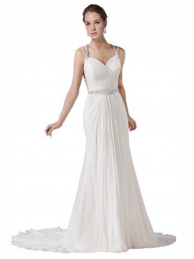 Weiß Etui Kapelle-schleppe Chiffon Strand Brautkleider Ausverkauf