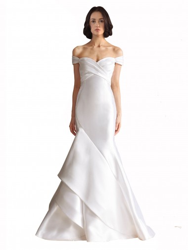 Weiß Meerjungfrau Off-Schulter Kapelle-schleppe Satin Strand Brautkleider Ausverkauf