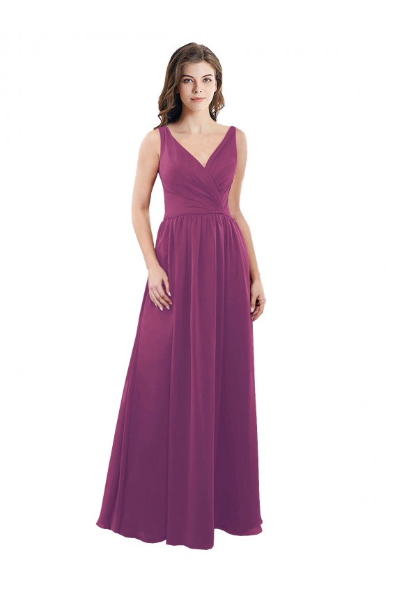 Wilde Beere A-Linien V-Ausschnitt Chiffon Lange Brautjungfernkleider Ausverkauf