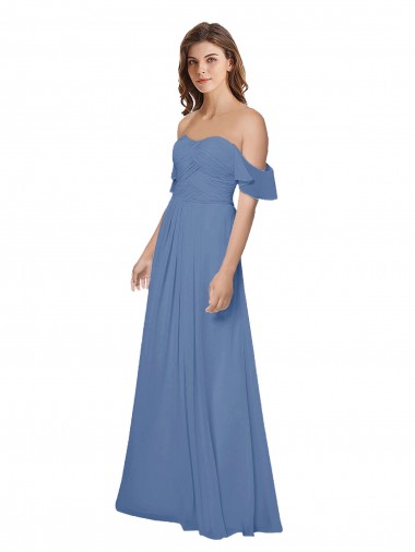 Windsor Blau A-Linien Off-Schulter Trägerlos Chiffon Lange Brautjungfernkleider Ausverkauf