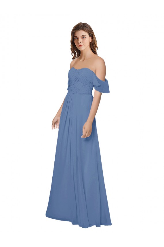 Windsor Blau A-Linien Off-Schulter Trägerlos Chiffon Lange Brautjungfernkleider Ausverkauf