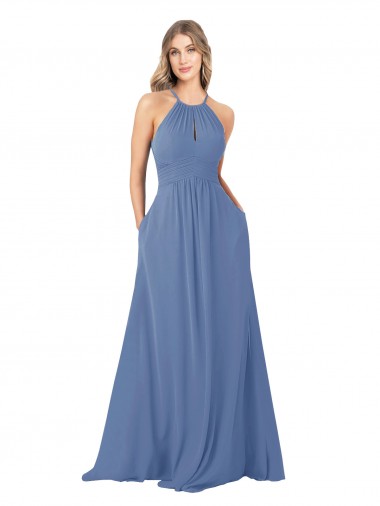 Windsor Blau A-Linien Stehkragen Ausschnitt Chiffon Lange Brautjungfernkleider Ausverkauf