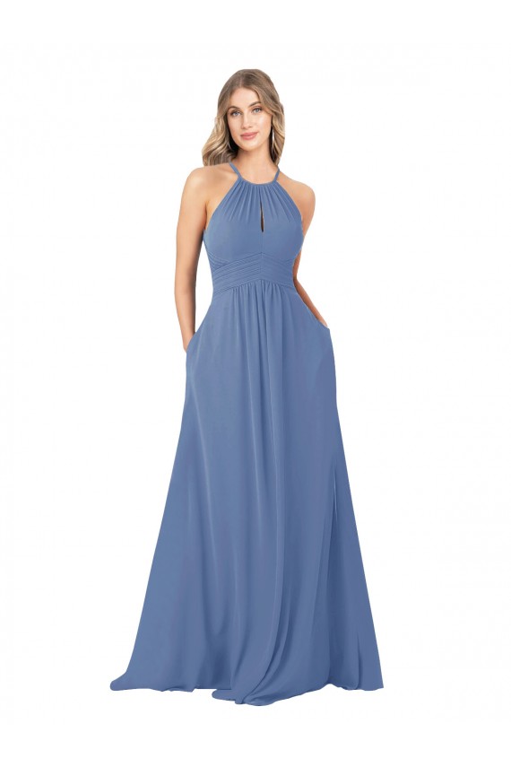 Windsor Blau A-Linien Stehkragen Ausschnitt Chiffon Lange Brautjungfernkleider Ausverkauf