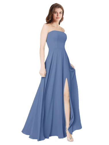 Windsor Blau A-Linien Trägerlos Chiffon Lange Brautjungfernkleider Ausverkauf
