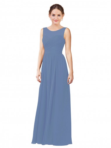 Windsor Blau Etui Illusion Ausschnitt Chiffon Lange Brautjungfernkleider Ausverkauf
