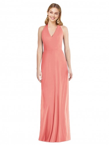 Wüstenrose Trompete Neckholder V-Ausschnitt Chiffon Lange Formale Brautjungfernkleider / Abendkleider Ausverkauf